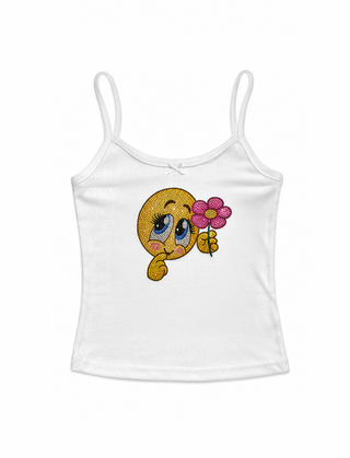 White pointelle tank top with a hand-set rhinestone emoji holding a pink flower